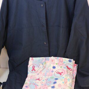 Size LG Scrub Top & Jacket Navy Blue Snaps & Breast Cancer w/ Pockets Both Large